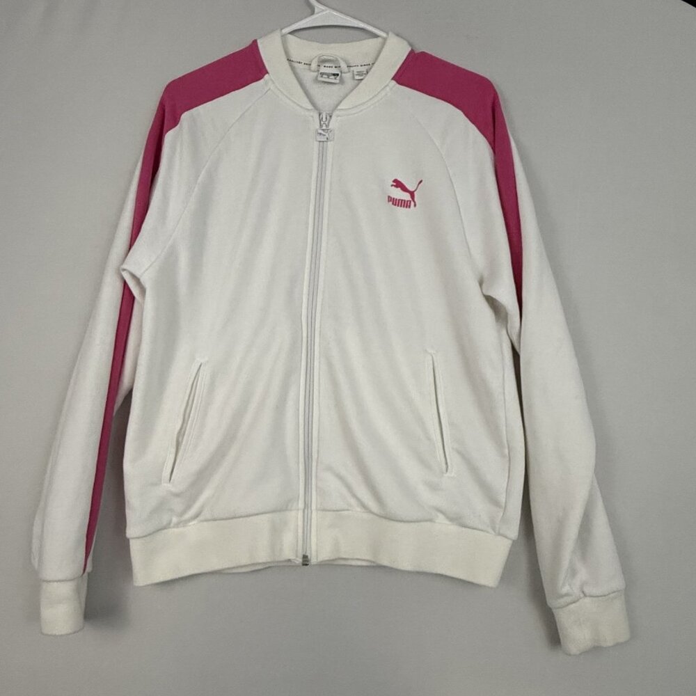 Puma T7 Track Jacket Womens Medium‎ White Pink Zip Up Retro Stripe Athletic Logo